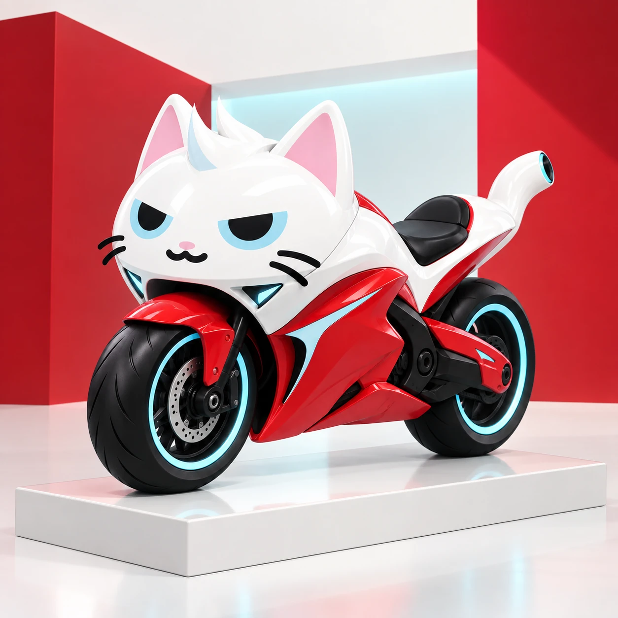 MEWCATI poses proudly in a minimalist scarlet garage bay.